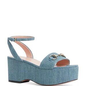 $1030 Gucci Lady Horsebit Denim Platform Wedge Heel Sandals Shoes Blue Size 41.5